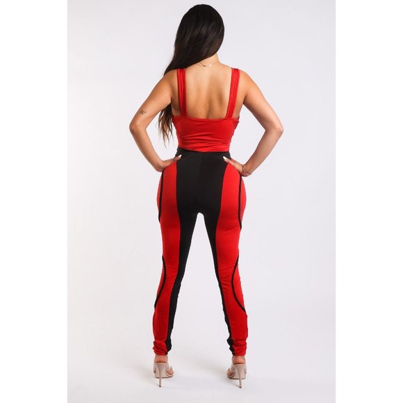 Women's Colorblocked Jumpsuit With Binding Detail Square Neck Strappy Sleeve - Picture 2 of 10